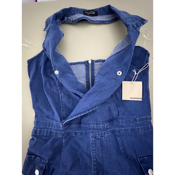 Active USA Women's M Notched Collar Halter Style Neck Denim Shorts Romper Blue - Picture 5 of 16